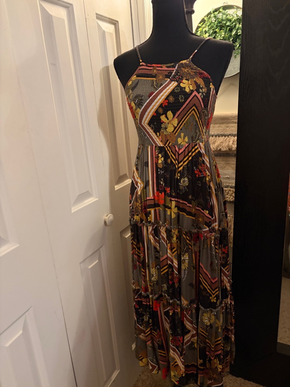 Abel The Label Bohemian Floral Geometric Midi Dress in Olive and Black